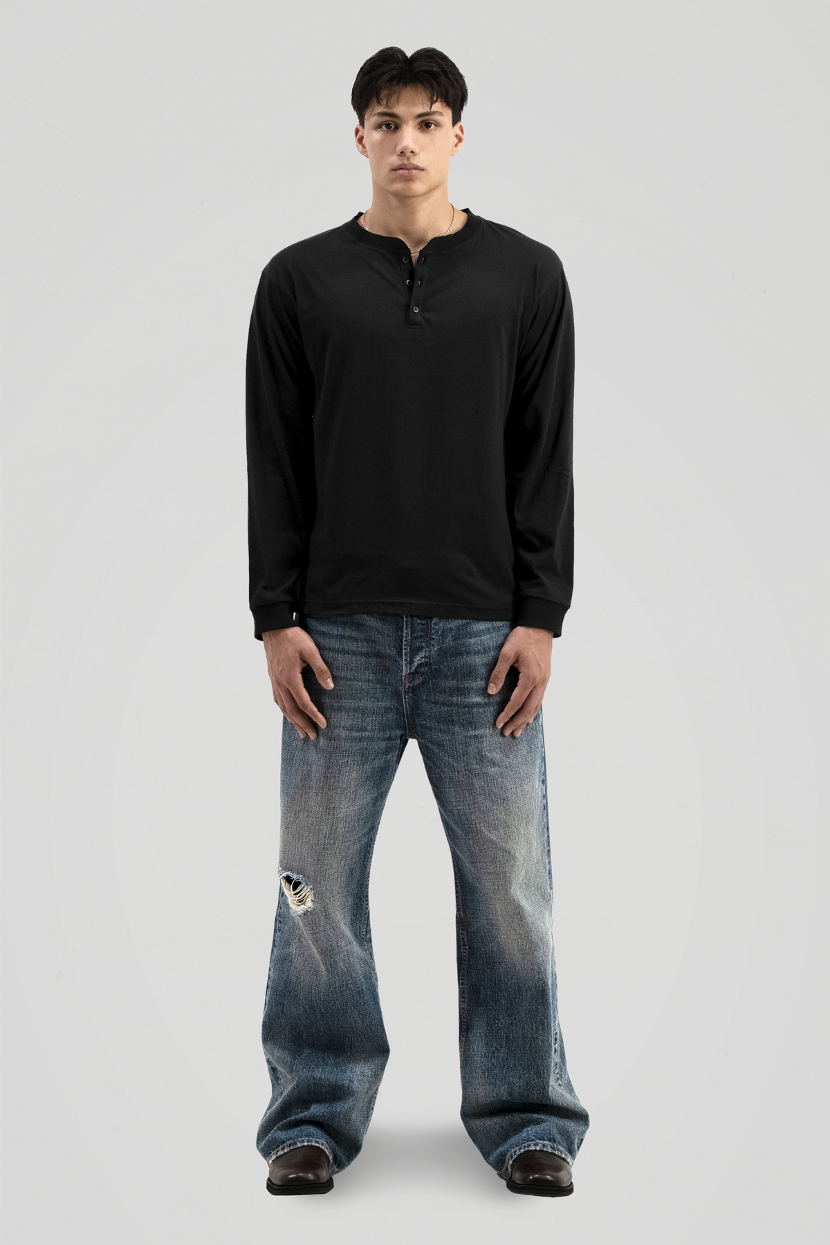'Black' Henley Long Sleeve Tee